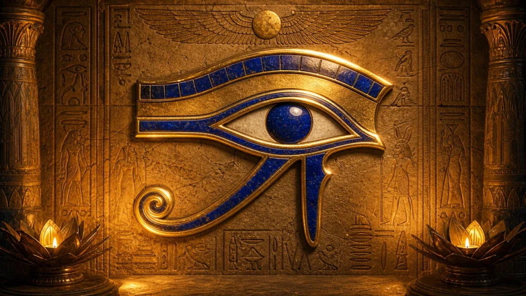 Eye of Horus symbol in blue and gold on a carved Egyptian wall, softly lit by candles on lotus bases.