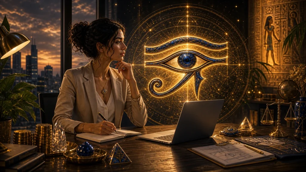 Professional woman at a desk writing in a notebook as a glowing Eye of Horus and golden celestial circle loom behind her.