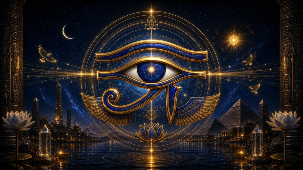 Ornate golden Eye of Horus emblem with blue center, floating over a mystical Egyptian night scene with pyramids and water reflections.