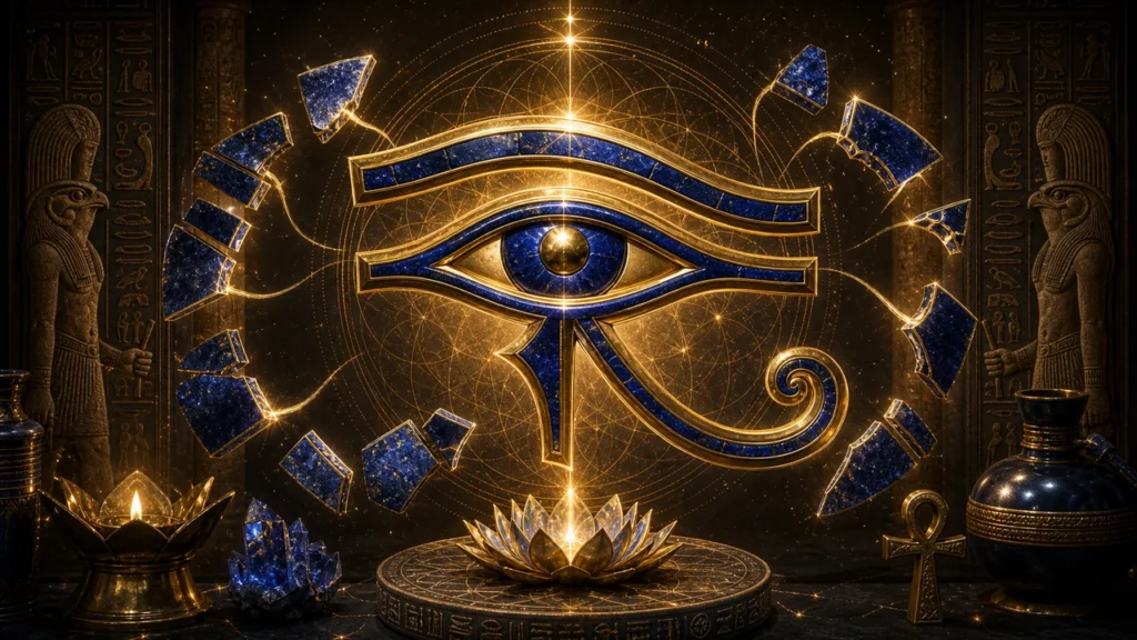 Golden Eye of Horus with blue inlays hovering over a jeweled lotus pedestal, surrounded by Egyptian artifacts and glowing shards of blue crystal.