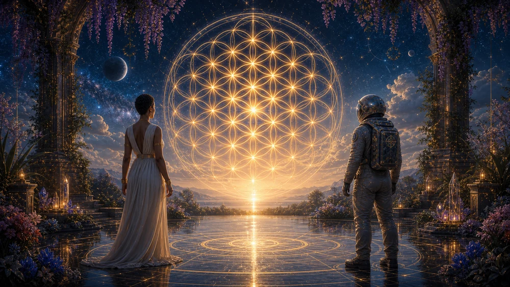Woman and astronaut host stand in a cosmic garden before a glowing Flower of Life pattern at sunrise.