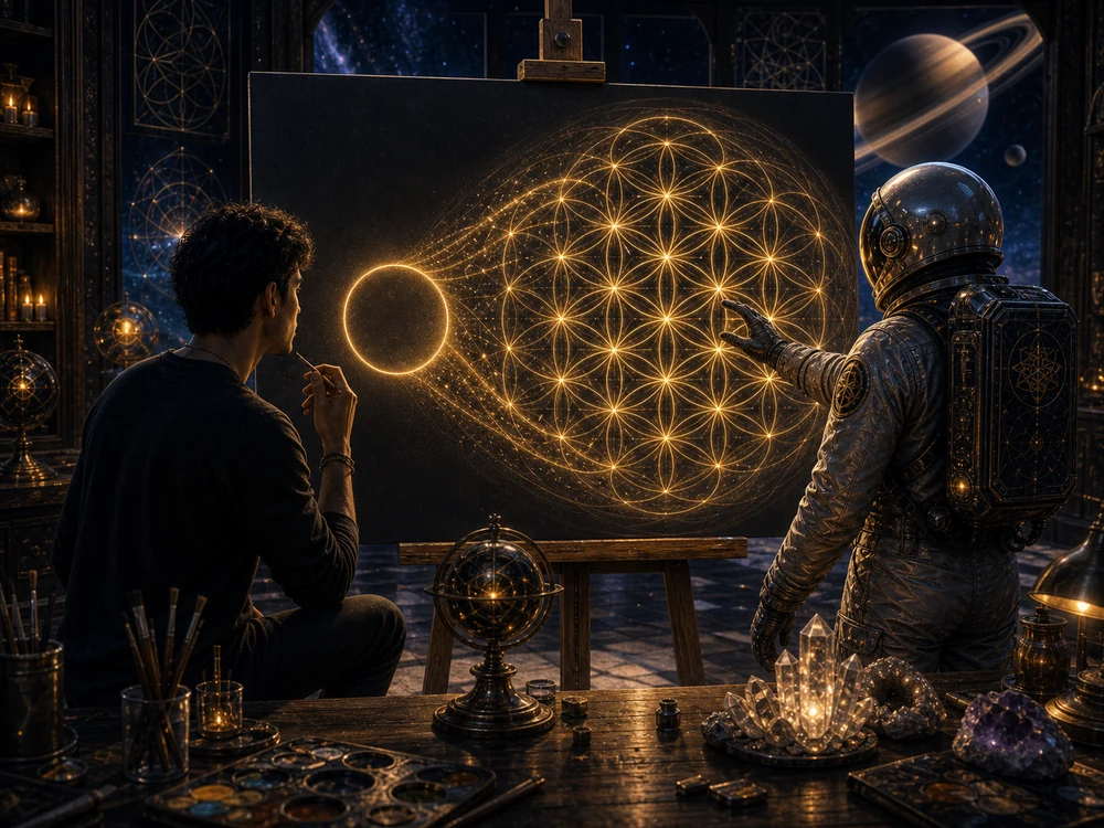 Artist and astronaut host watch one golden circle expand into a Flower of Life pattern across a blank canvas.