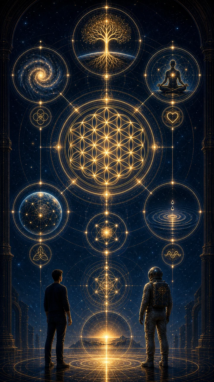 Vertical Flower of Life infographic with roots, ripples, stars, golden pathways, seeker silhouettes, and astronaut host.