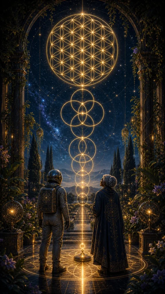 Golden overlapping circles expand from a seed of light in a tall cosmic garden corridor as two figures look upward.
