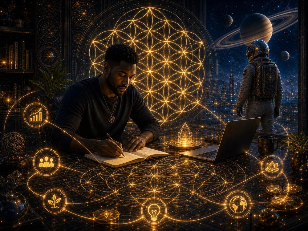 Creator works at a cosmic desk as Flower of Life lines connect a blank notebook, laptop, plants, and coins of light.