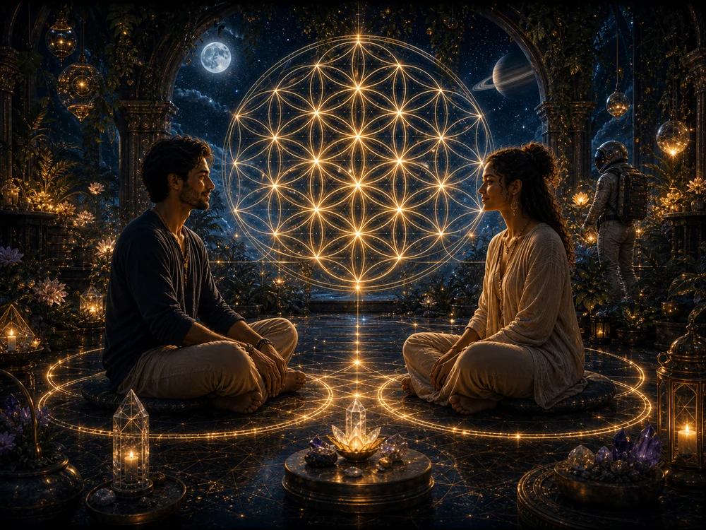 Two partners sit warmly beneath a glowing Flower of Life pattern with separate circles of healthy personal space.