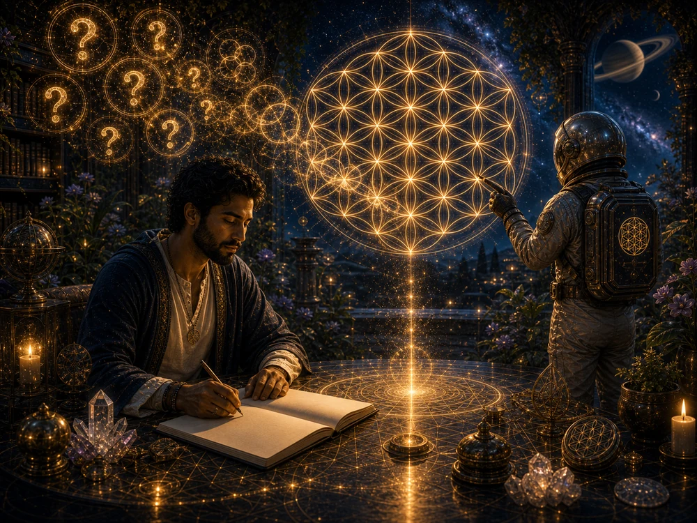 Seeker writes in a blank journal as question lights transform into a glowing Flower of Life beside the astronaut host.