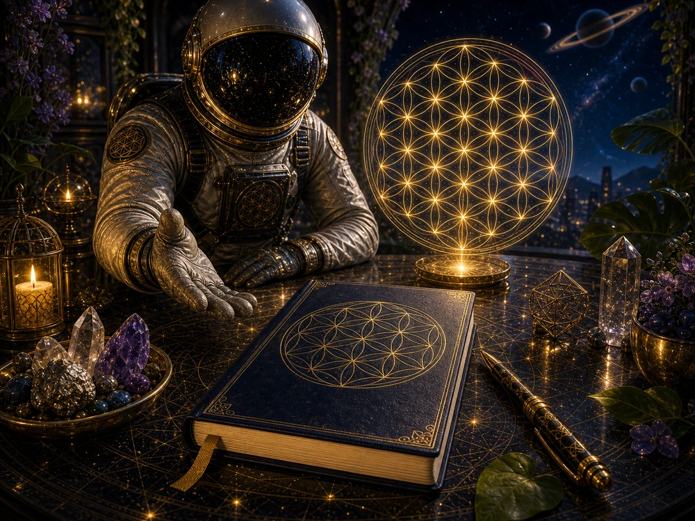 Astronaut host gestures toward a blank gold-and-blue journal beside crystals, leaves, and a Flower of Life projection.