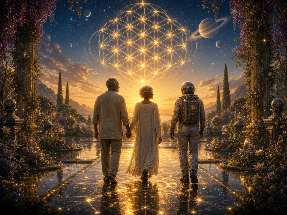 Older couple and astronaut host walk through a cosmic garden toward sunrise beneath a glowing Flower of Life sky.