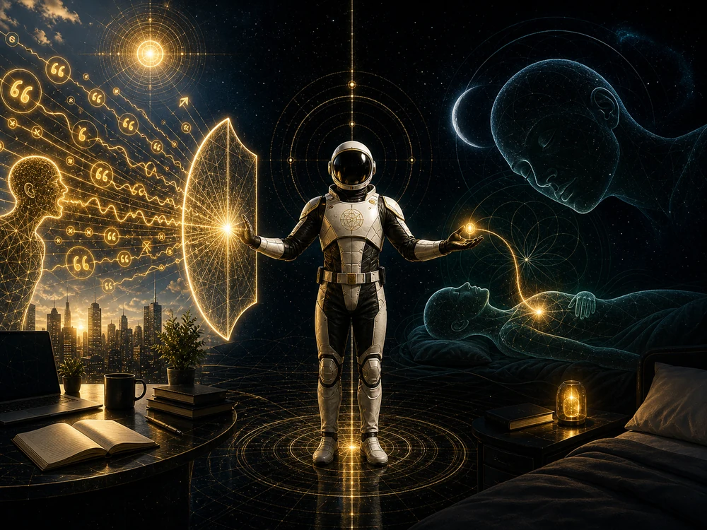 Astronaut in a high-tech suit stands in a dark room, projecting a glowing shield as golden energy connects a sleeping figure and an ethereal presence.