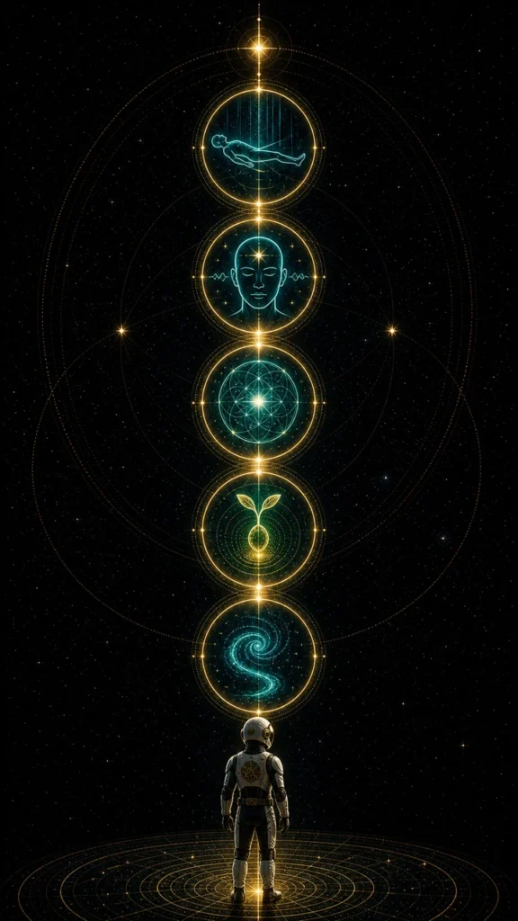 Astronaut stands on a glowing circular platform, looking up at a vertical line of illuminated orbs with symbols: body, mind, geometry, plant, spiral galaxy.