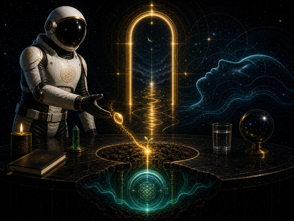 Astronaut in a white suit gestures toward a glowing arched doorway opening to a starry cosmic scene with a sprouting seed at center of a ritual table.