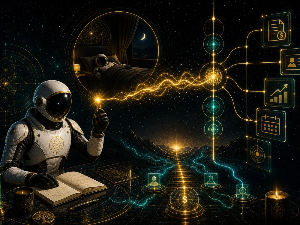 Astronaut in a white suit sits at a glass desk, writing in a notebook as glowing golden data lines and holographic icons float between a starry background and a distant bed scene in a futuristic room.
