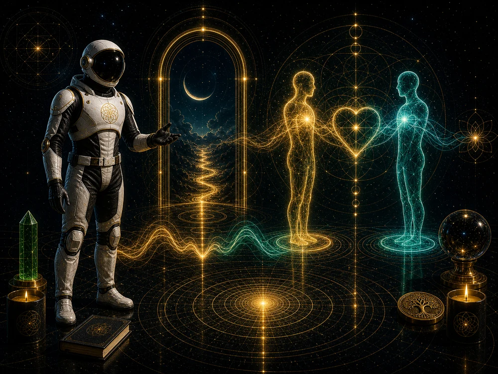 Astronaut standing beside glowing yellow and blue human figures connected by a heart, amid geometric cosmic circles and crystals.