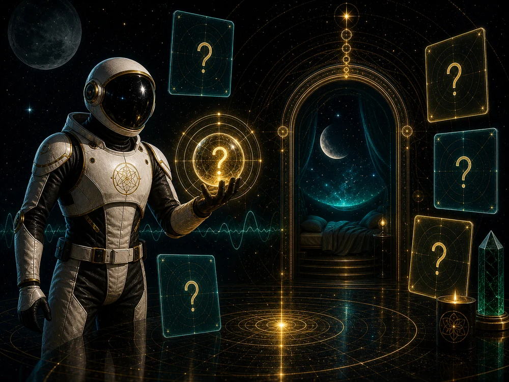 Astronaut in a white suit holds a glowing question-mark card in a sci-fi space chamber with floating cards and a golden portal door behind him.