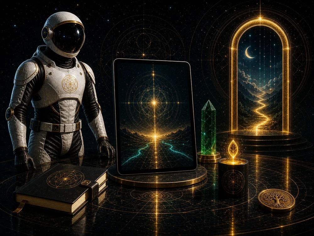 Astronaut beside a tablet displaying a glowing landscape with crystals, candle, and a golden doorway in a starry workshop setting.