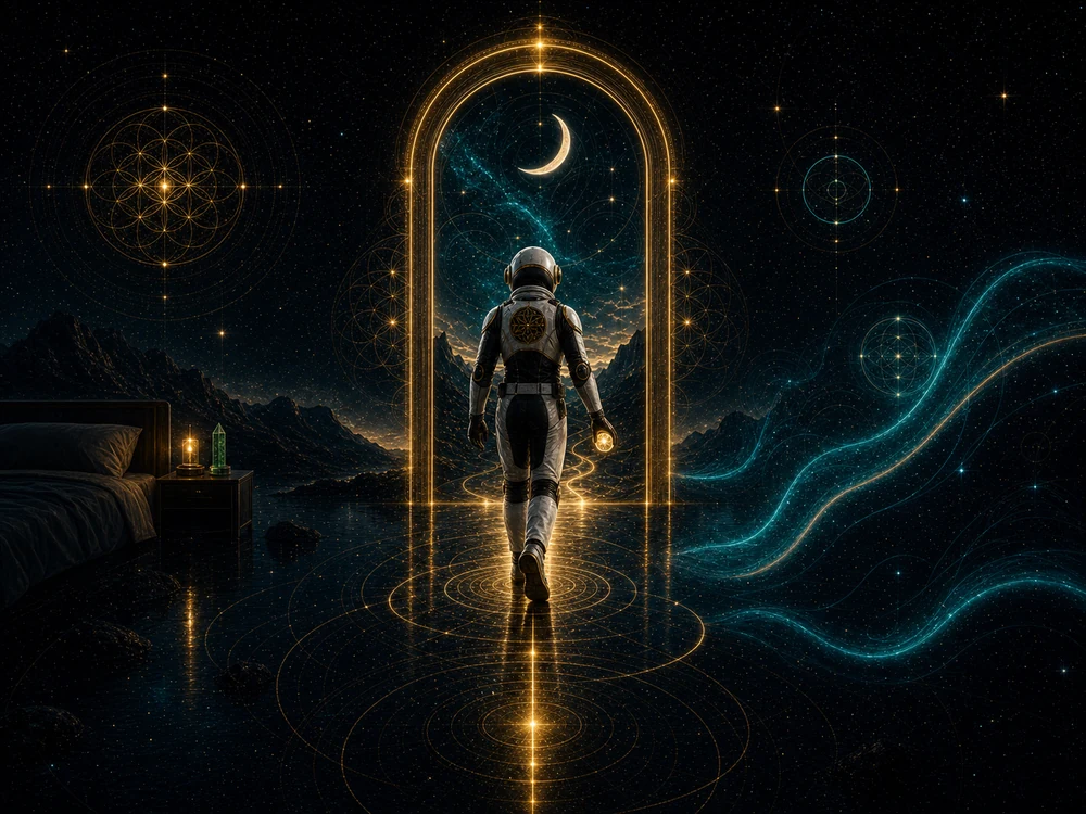 Astronaut steps through a glowing gold arch into a surreal, starry cosmic landscape.