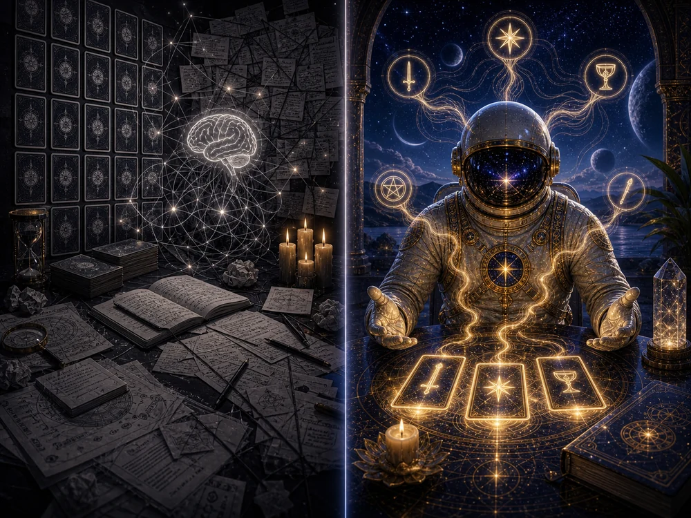 Split image: left shows a dark occult desk with brain hologram, notes, and candles; right shows an astronaut with glowing divination cards and celestial symbols.