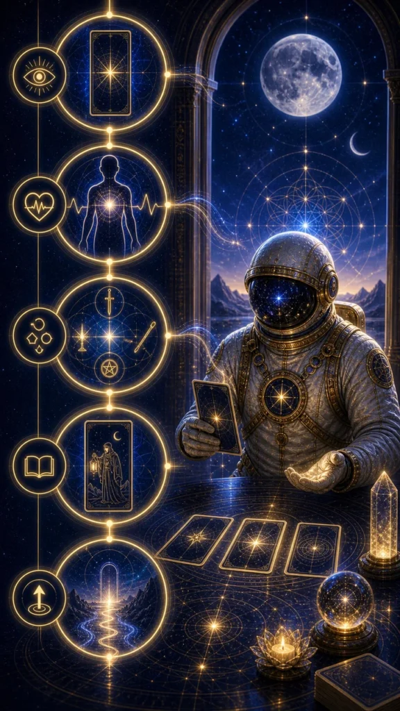 Astronaut in an ornate suit sits at a glowing tarot-style table, holding a tablet while golden circular icons and a card spread illuminate a starry scene.
