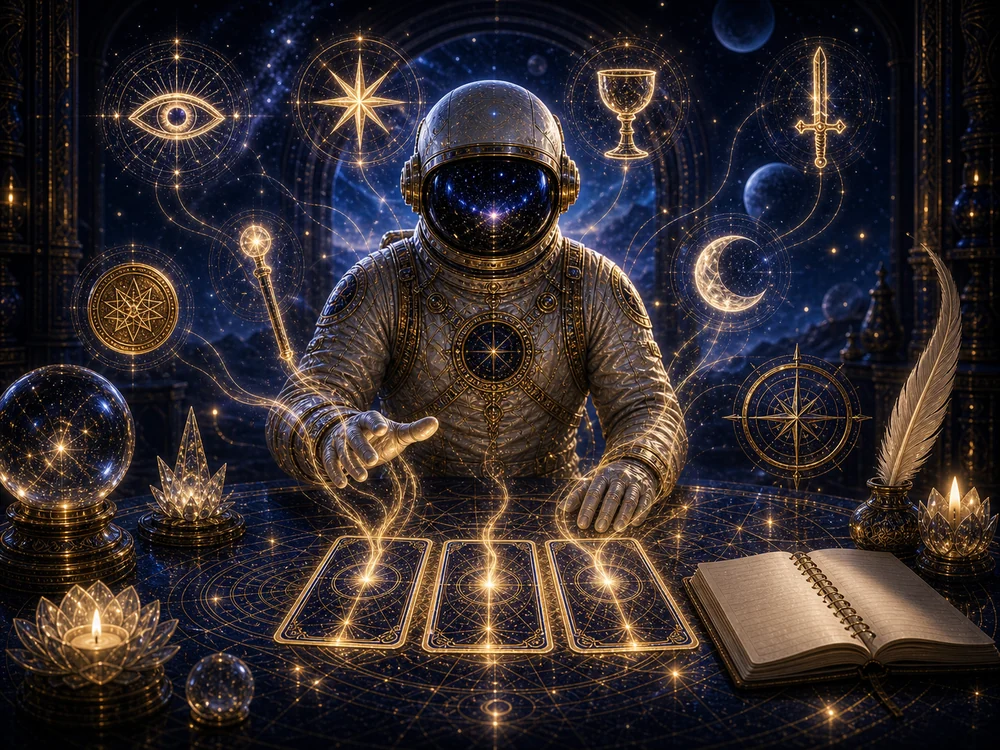 Astronaut in a ornate suit consults glowing tarot cards on a celestial, symbol-filled table. - (informative) Futuristic fortune-teller vibe with tarot cards and cosmic icons on display.