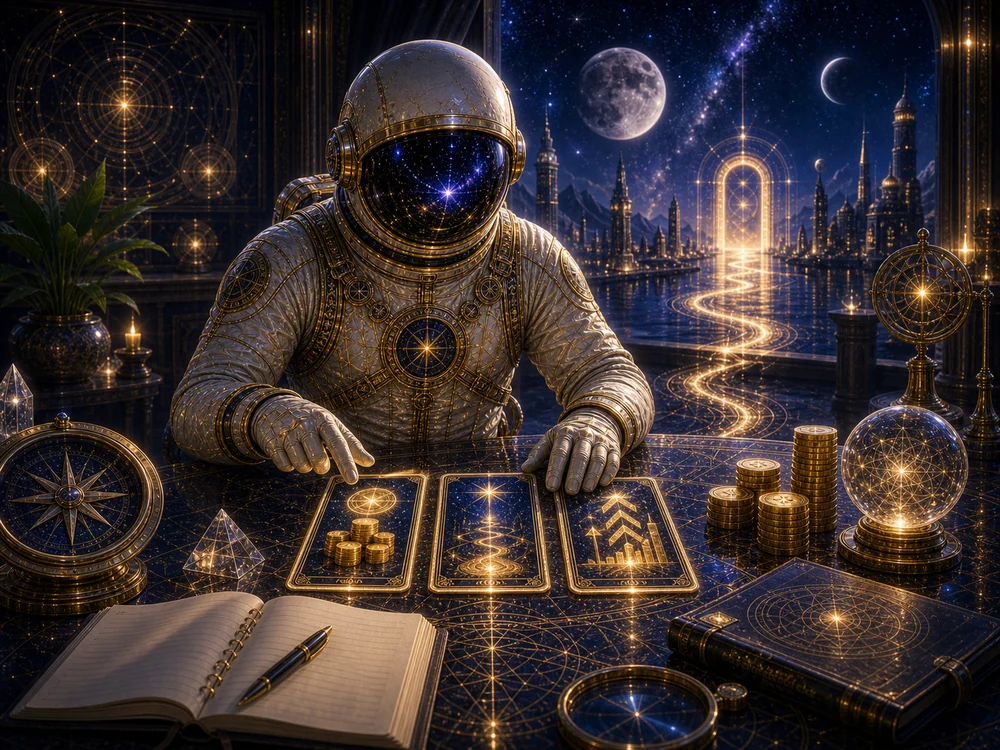 Astronaut in an ornate suit studies glowing tarot-like cards on a starry, mystical table filled with crystals and coins in a cosmic setting.