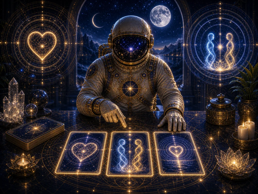 Astronaut fortune-teller sits at a glowing celestial table, revealing three illuminated cards with hearts and twin figures.