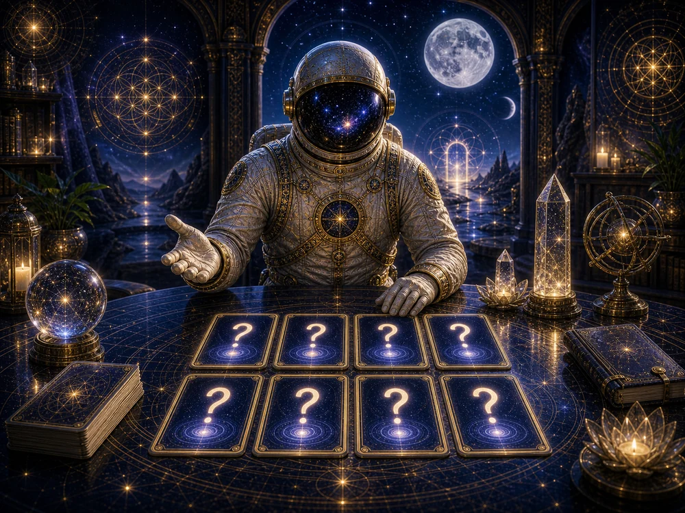 Ornate astronaut fortune-teller extends a hand toward glowing question-mark cards on a mystical table.