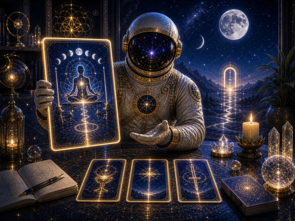 Astronaut in an ornate suit shows a glowing mystical card with a meditative figure, surrounded by tarot cards, crystals, and candles on a starry night scene.
