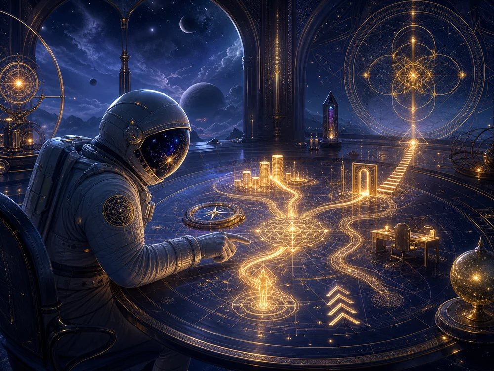Astronaut studies a glowing golden map of pathways and symbols projected on a round futuristic table in a starry chamber.