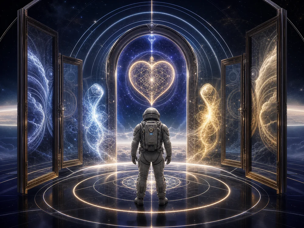 Astronaut in a futuristic suit stands before an open portal with glowing circular rings and a luminous geometric heart above the doorway, space beyond visible to the side.