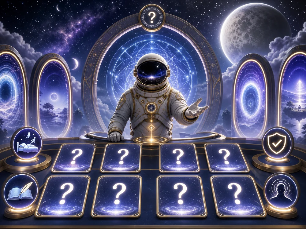 Astronaut host extending hand over a glowing card table full of question-mark cards in a space setting.