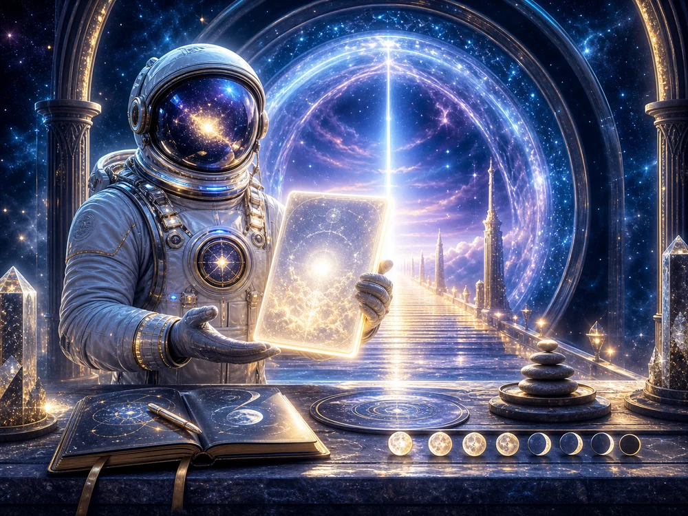 Astronaut in a futuristic temple-like space setup holds a glowing holographic tablet; a book and stacked stones sit on a dark altar beneath a starry sky.