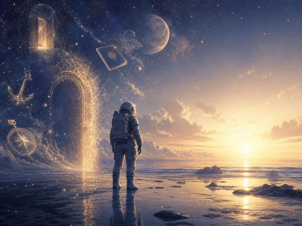 Astronaut on a reflective beach facing a glowing arched portal with space objects drifting in the sky at sunset.
