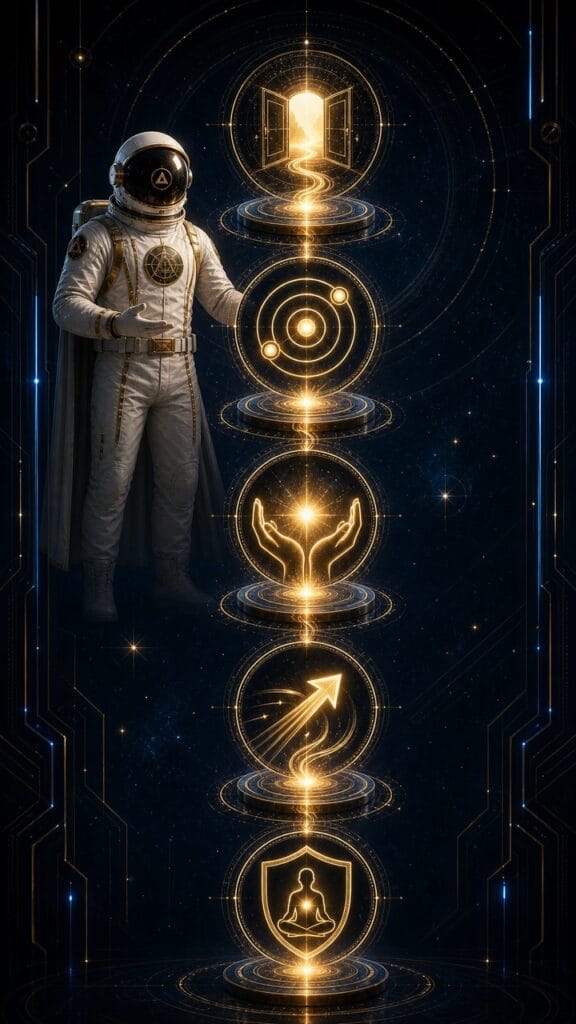 Astronaut in a white suit stands beside a vertical column of glowing golden rings and symbols, ending in a bright doorway in space.