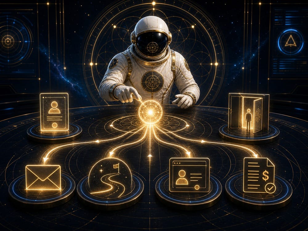 Astronaut in a space suit taps a bright central orb, linking glowing holographic icons for email, profile, money, and documents.