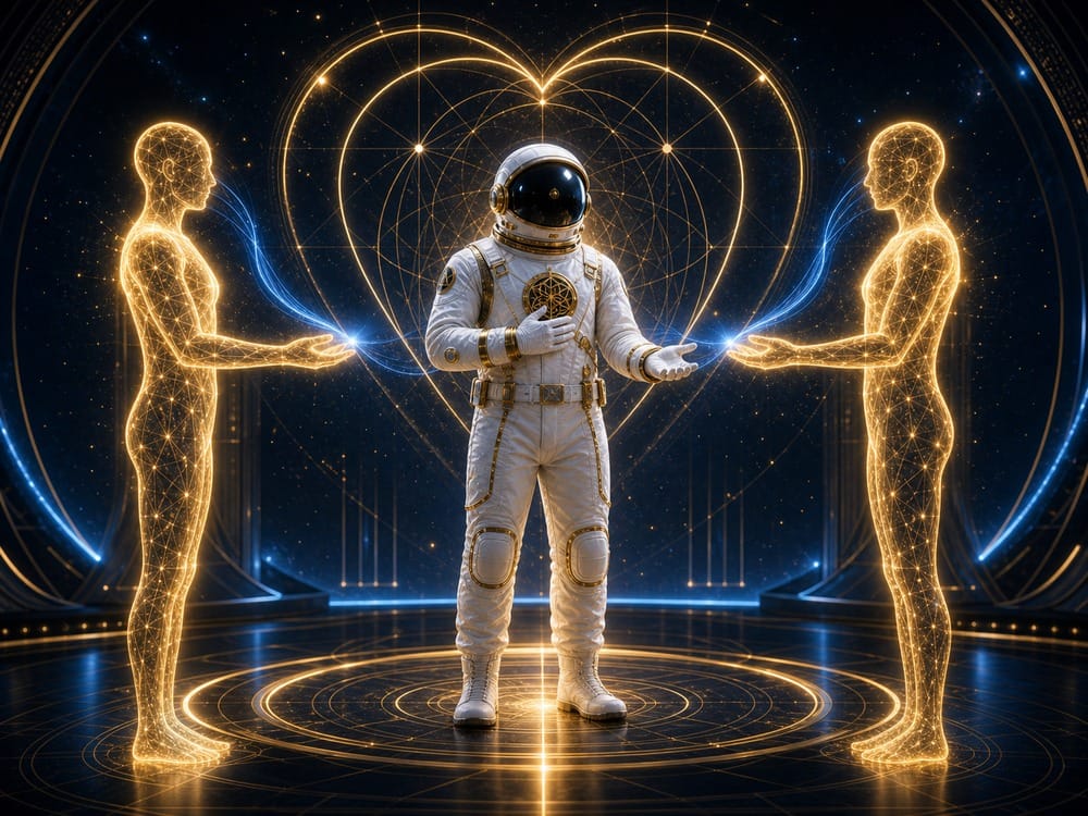Astronaut in the center mediates energy transfer between two glowing golden holographic figures in a high-tech, circular sci-fi chamber.