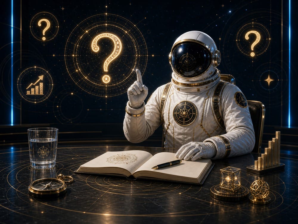 Astronaut in a white suit sits at a dark futuristic desk with an open notebook, glass of water, and glowing question marks on holographic screens behind.