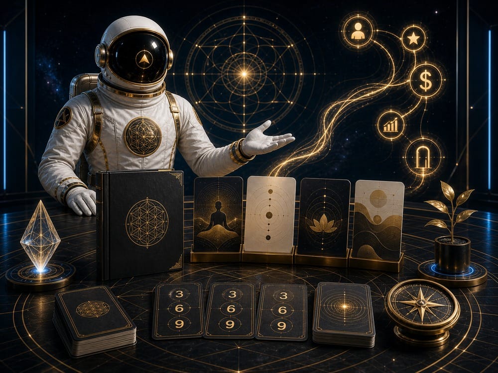 Astronaut in a futuristic suit presents ornate cards for divination in a dark, cosmic studio with glowing symbols.