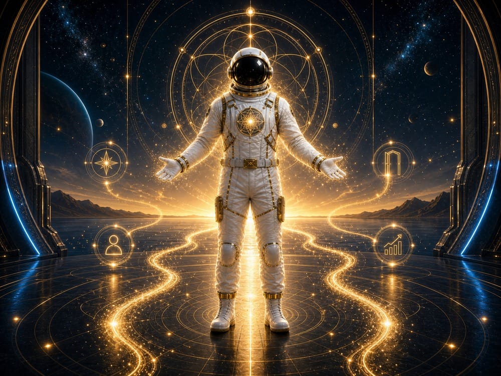 Astronaut in a white suit stands in a glowing, futuristic space chamber with golden circuits and orbit icons around. Behind him is a starry cosmic scene.