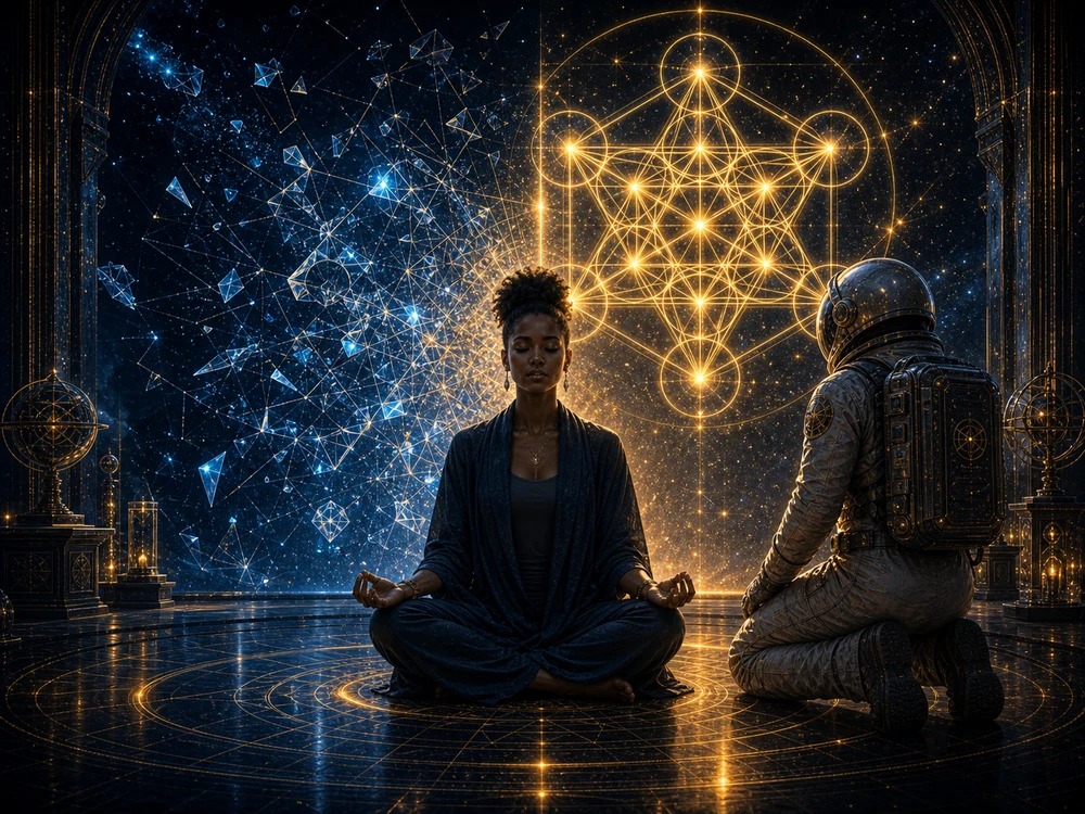 Meditating seeker and astronaut host face a golden Metatrons Cube as scattered blue light becomes coherent geometry.