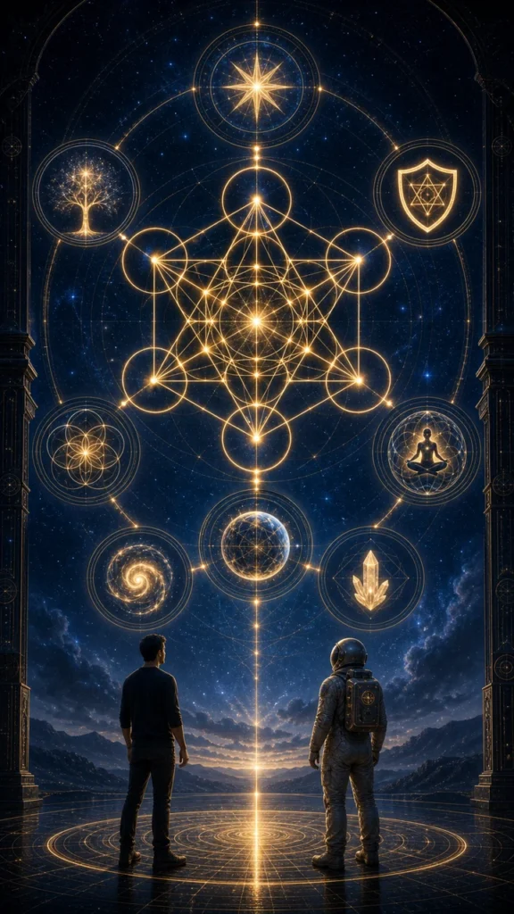 Vertical Metatrons Cube infographic with gold circles, protective icons, seeker silhouettes, and astronaut host.