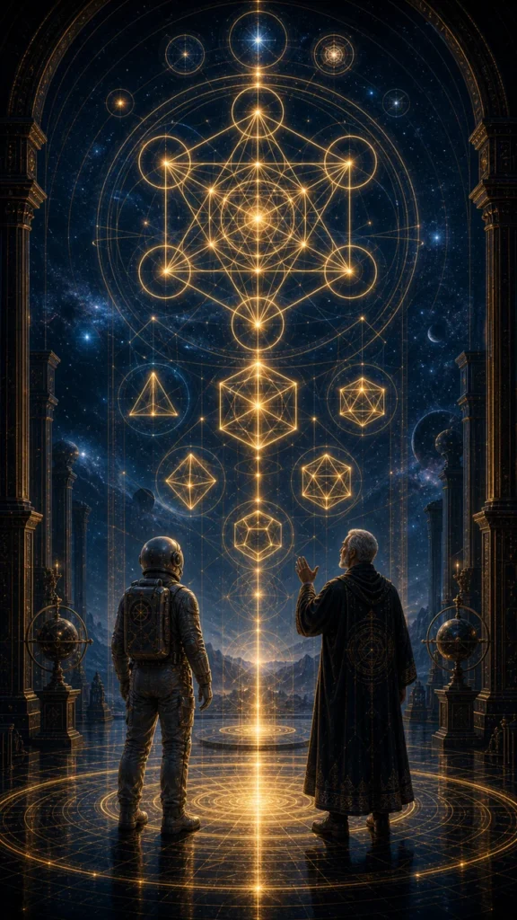 Metatrons Cube expands into three-dimensional sacred forms above the astronaut host and an older teacher.