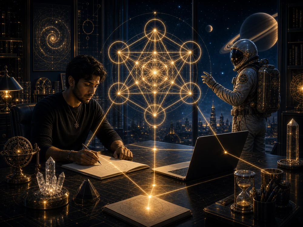 Creator works at a cosmic desk as Metatrons Cube projects above a blank laptop and golden work plan.