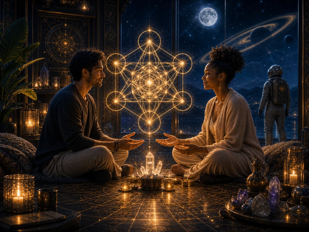 Two partners sit calmly with a golden Metatrons Cube field glowing between them in a moonlit room.