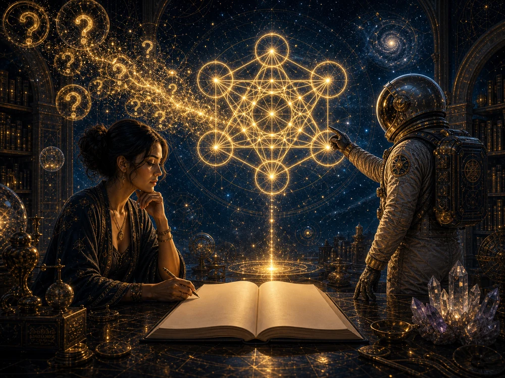 Seeker studies a blank journal while the astronaut host points toward question lights becoming Metatrons Cube.