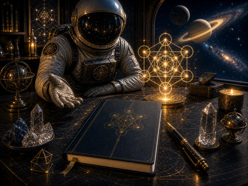 Astronaut host sits beside a blank dark journal, crystals, and a glowing Metatrons Cube projection on a desk.