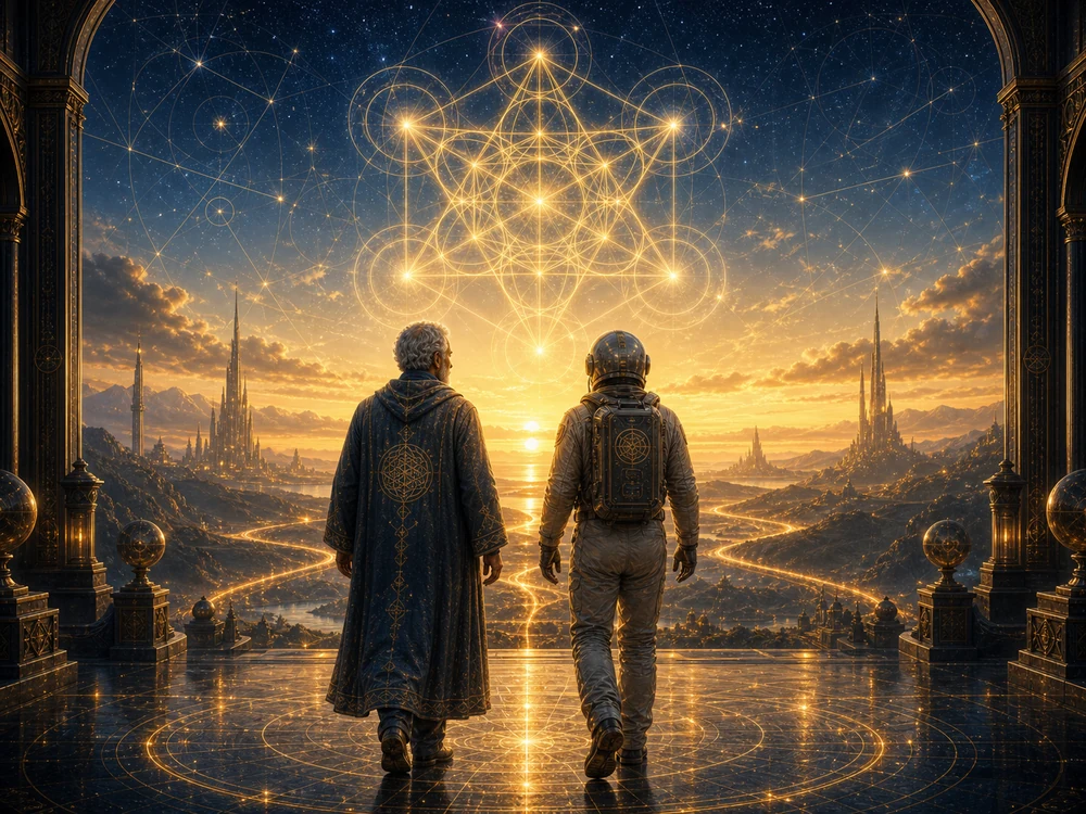 Older seeker and astronaut host walk toward sunrise beneath a glowing Metatrons Cube dissolving into the sky.