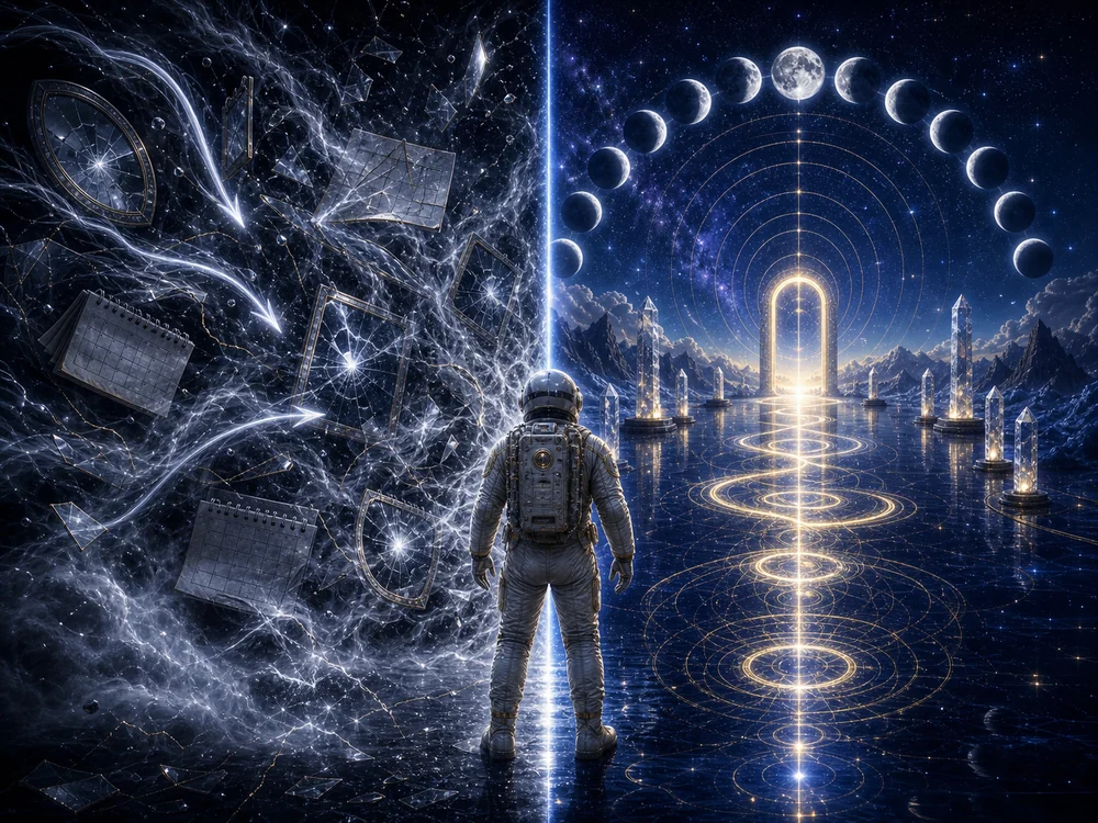 Astronaut in a spacesuit stands before a glowing doorway on a reflective icy landscape with concentric light rings reaching the portal