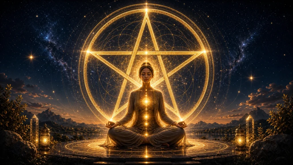 Woman meditating in a glowing golden circle and star pattern at night by a lake.