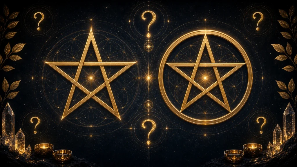 Two glowing gold pentagrams, one inside a circular ring, against a starry dark background with geometric patterns and light orbs.